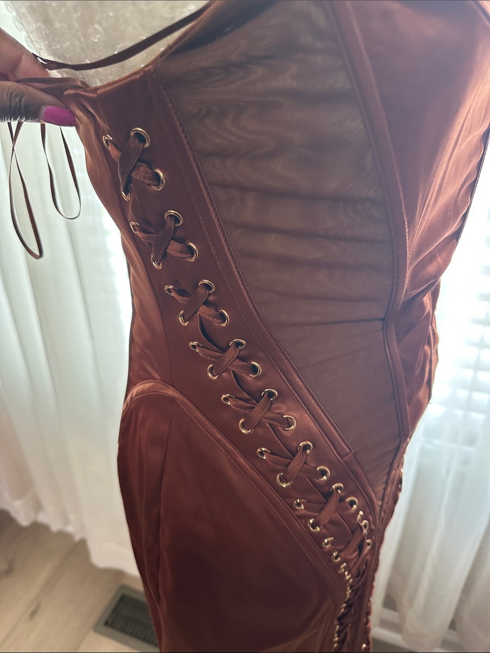 AKIRA Strapless Corset Satin Midi Dress in Chocolate Brown - Picture 8 of 10